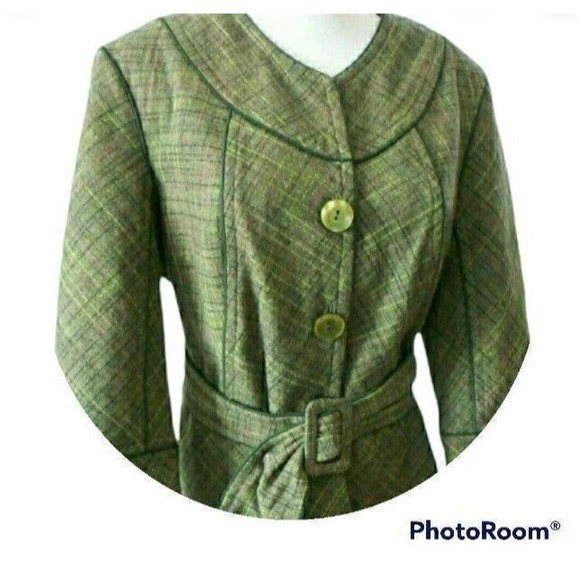 TWEED BLAZER BELTED TAILORED GREEN WOOL BLEND BELTED COAT SIZE 12 WOMENS SZ 12 - Picture 7 of 7